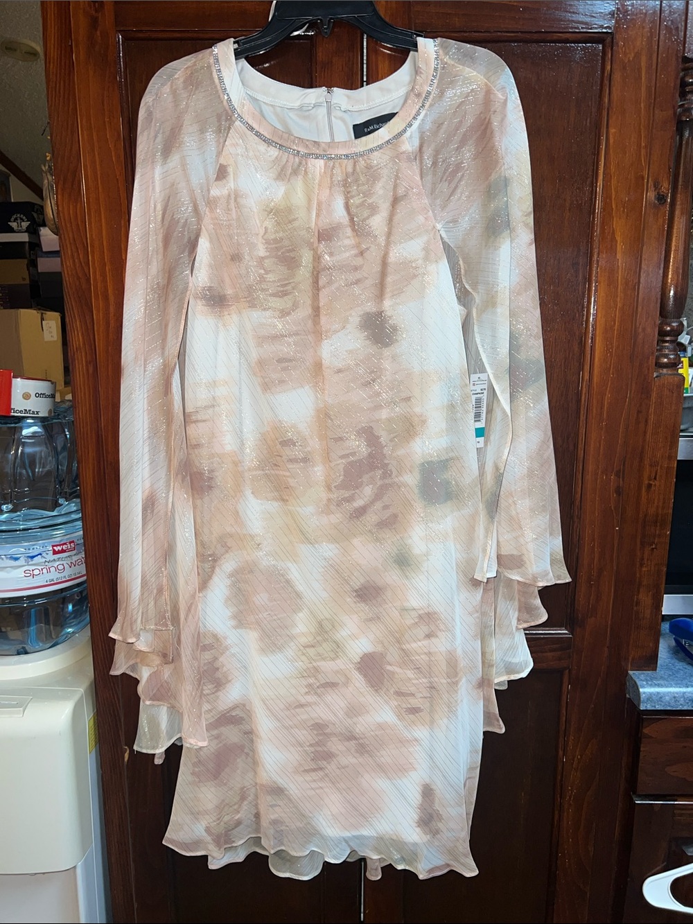 Women’s sz 16 R&M Richards chiffon Cage dress rhinestone, neck, detail champagne